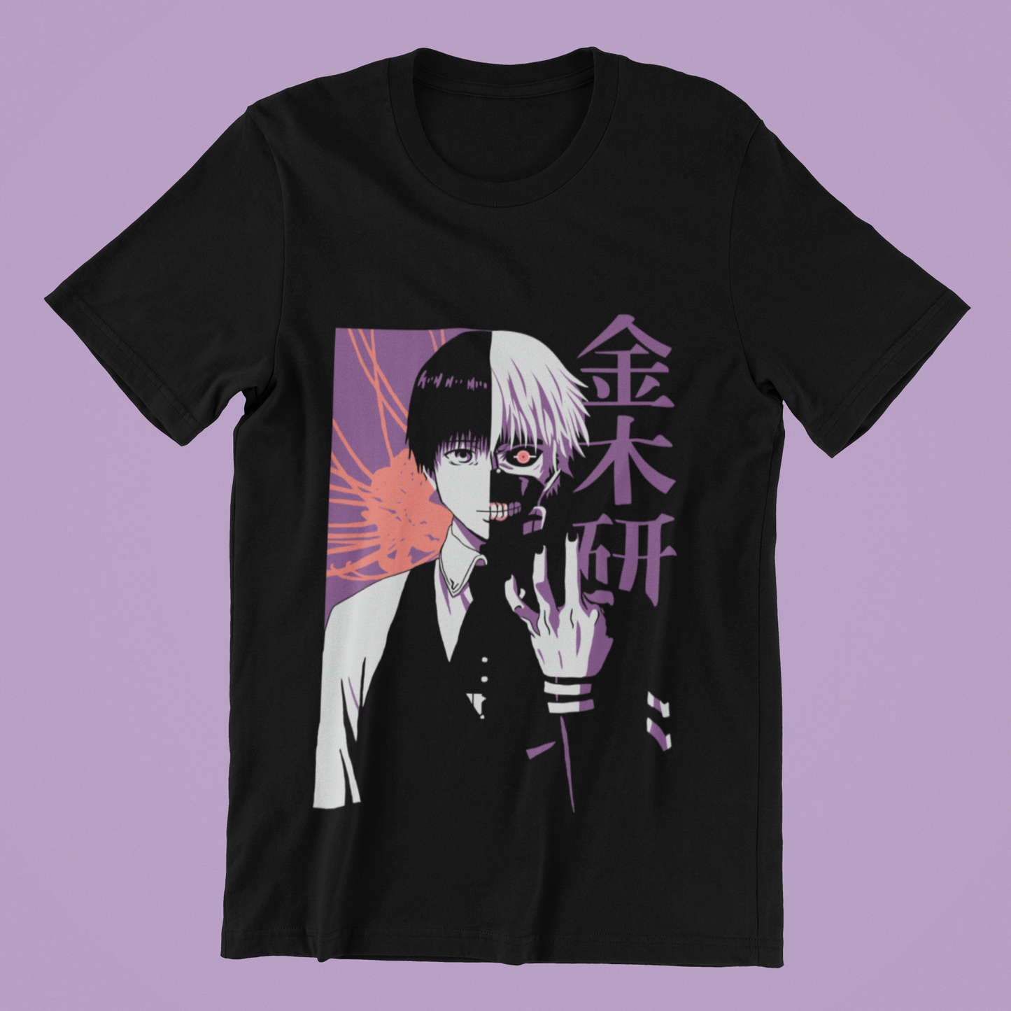 Kaneki Ken Split Face Tee in black against minimalist surface.