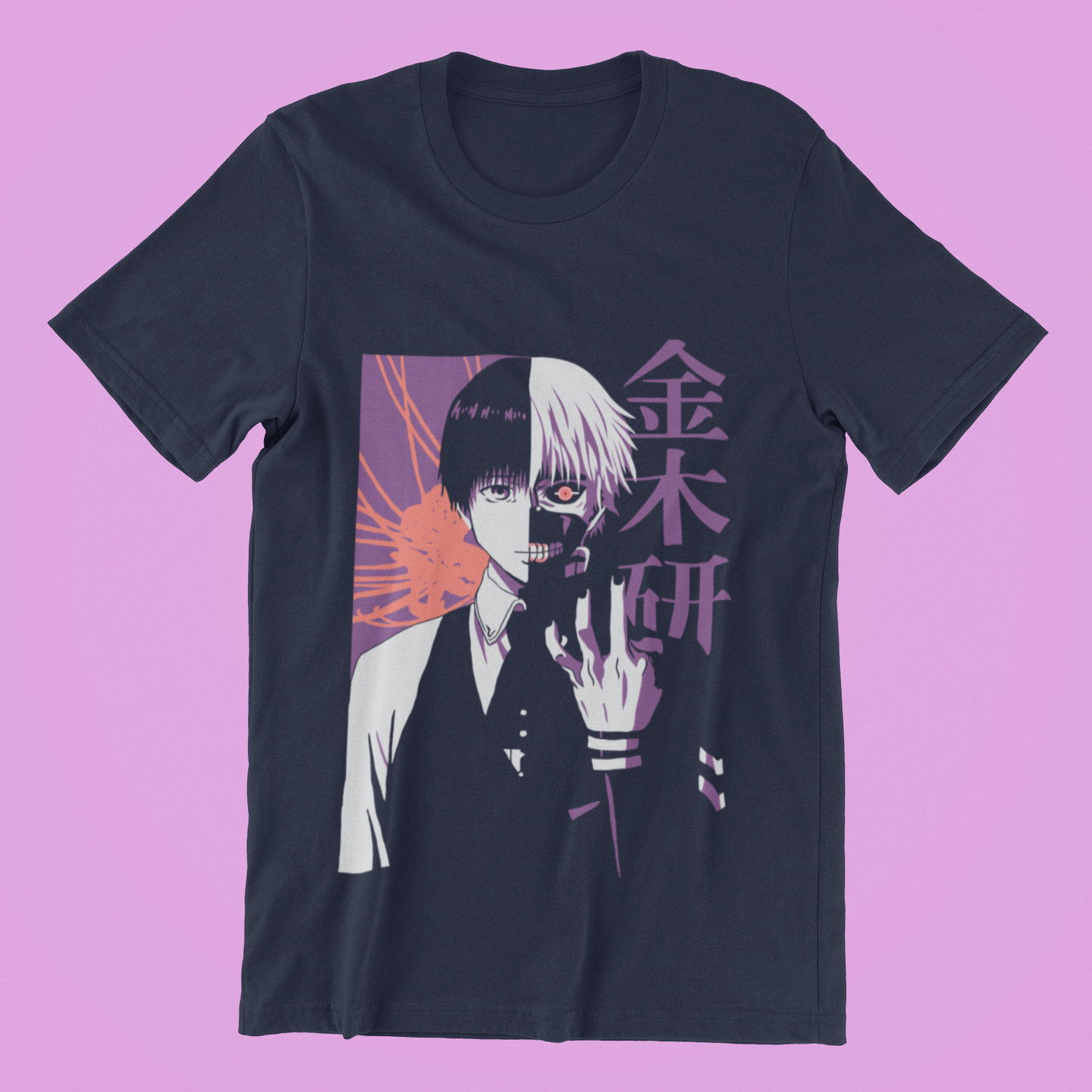 Kaneki Ken Split Face Tee in navy against minimalist surface.