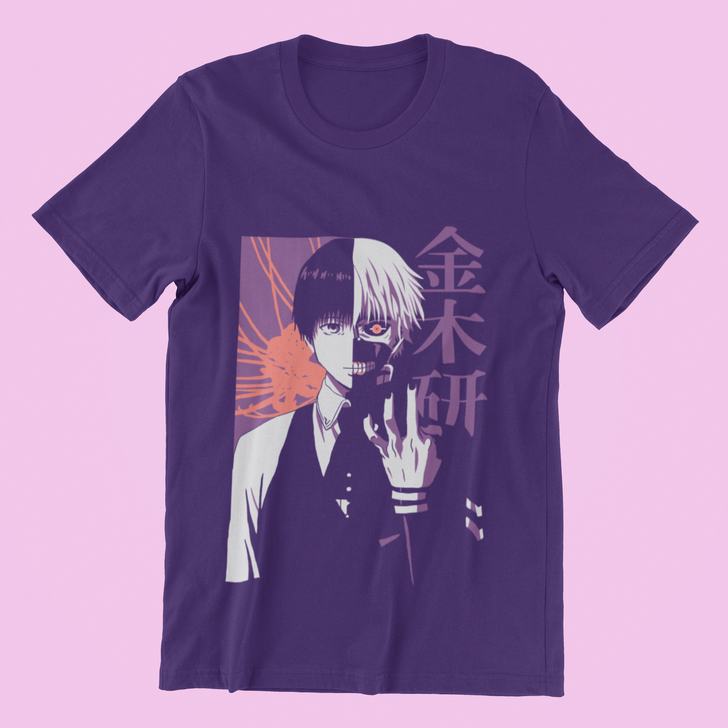Kaneki Ken Split Face Tee in team purple against minimalist surface.