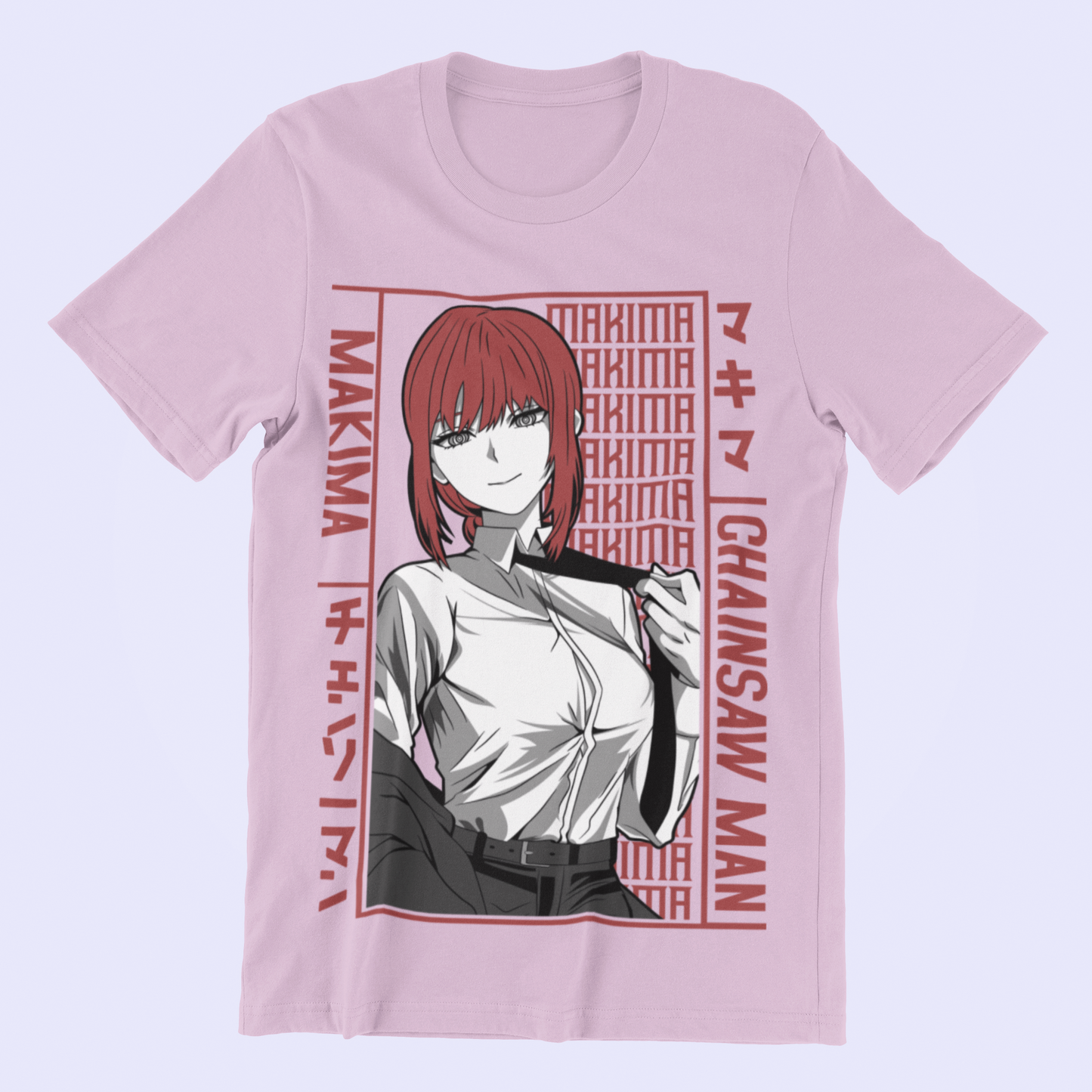 Makima Chainsaw Man Tee in lilac against minimalist surface.