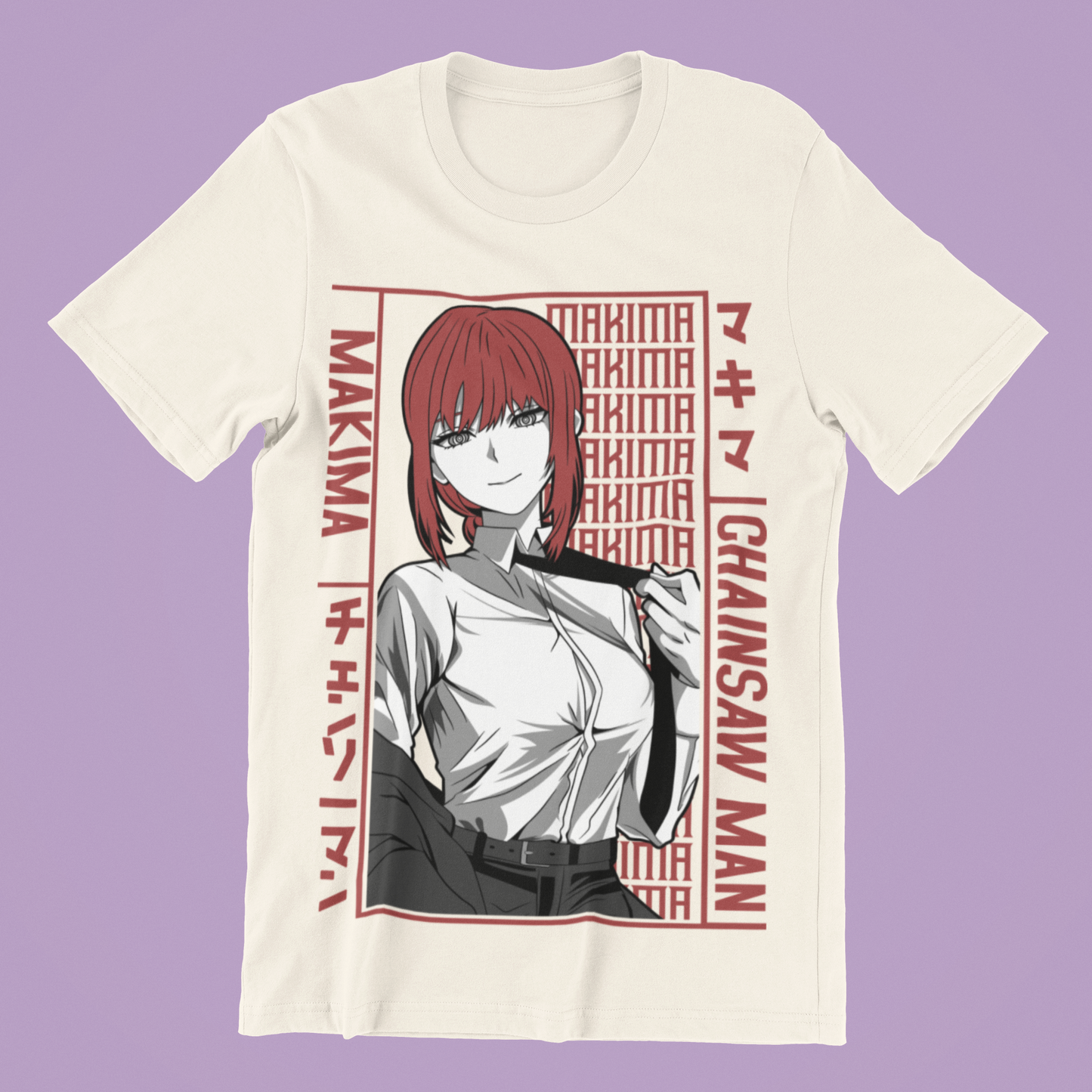 Makima Chainsaw Man Tee in natural against minimalist surface.
