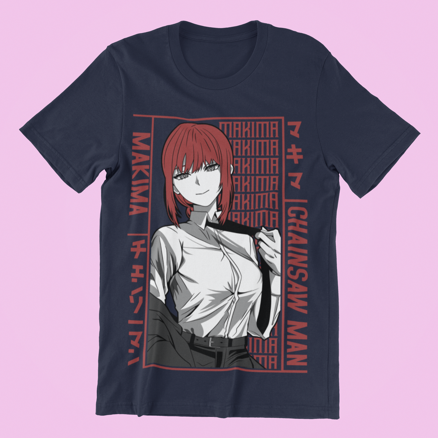 Makima Chainsaw Man Tee in navy against minimalist surface.