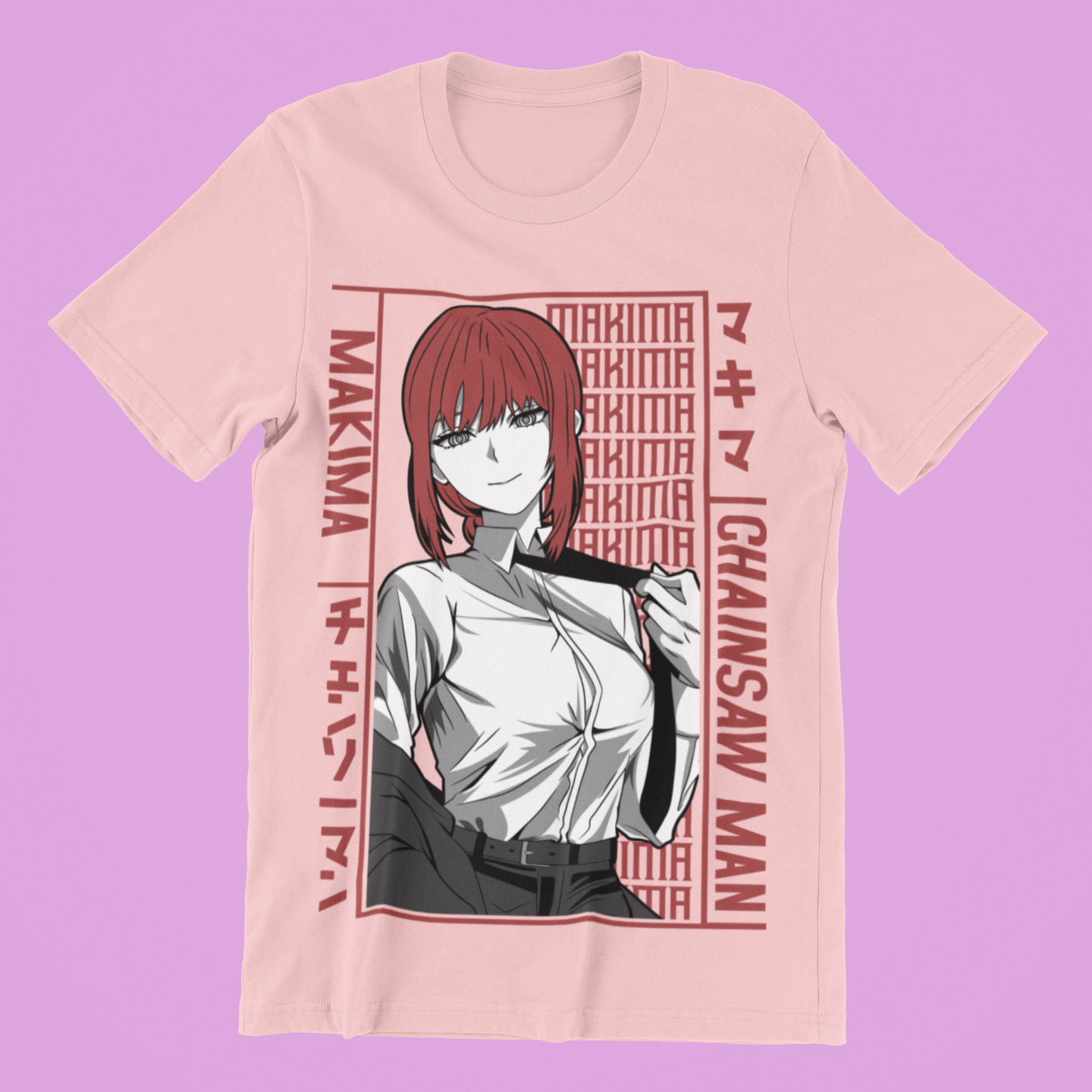 Makima Chainsaw Man Tee in pink against minimalist surface.