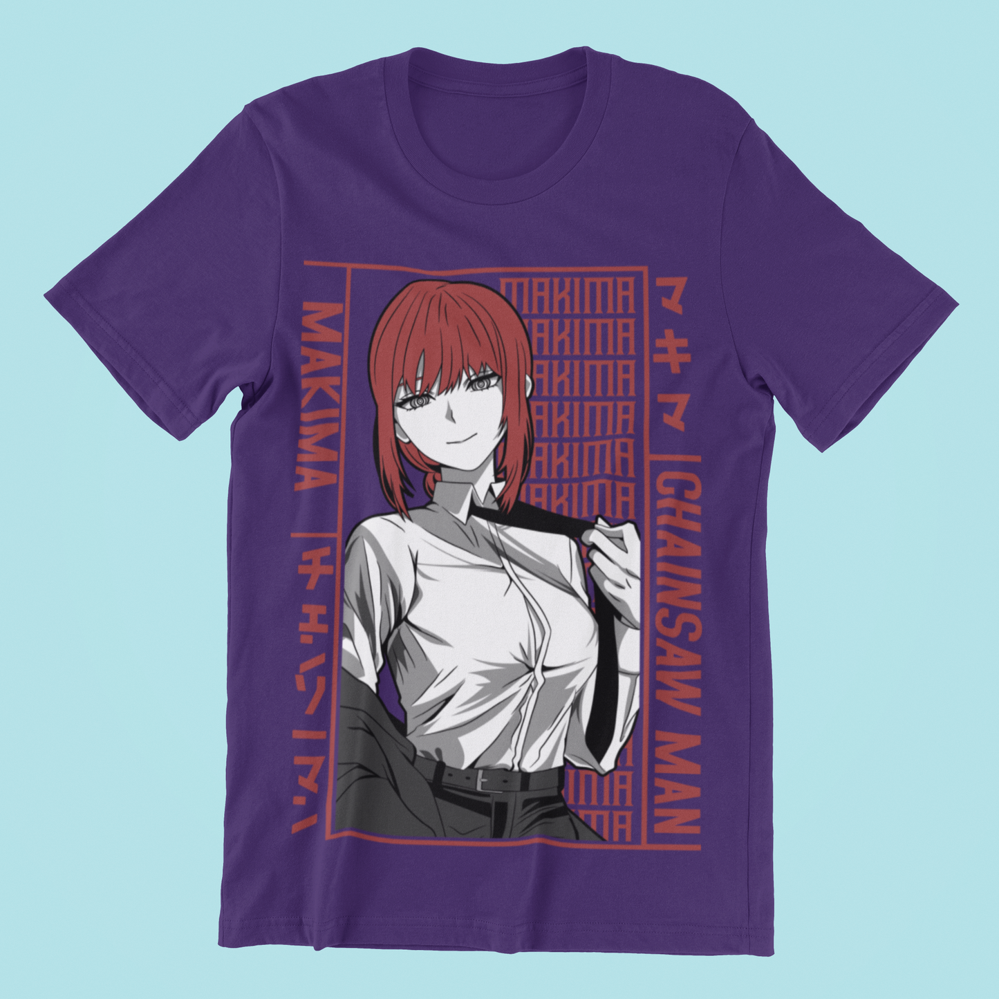 Makima Chainsaw Man Tee in team purple against minimalist surface.