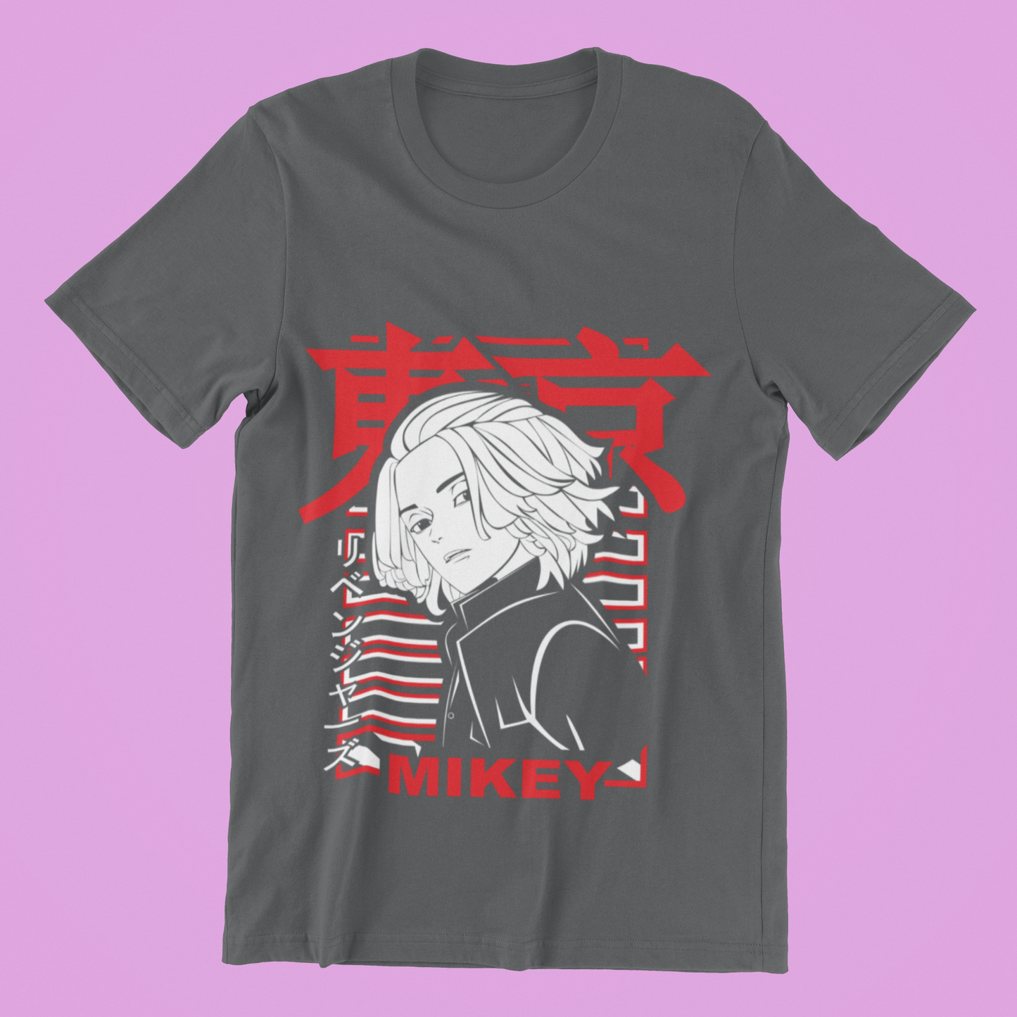 Mikey Tokyo Revengers Tee in asphalt against minimalist surface.
