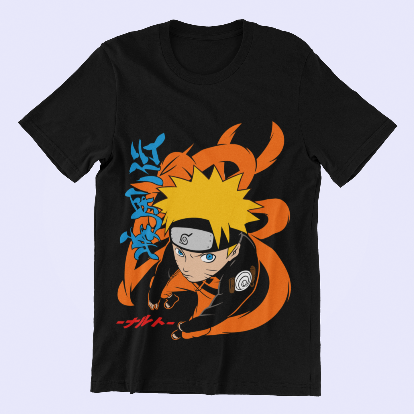 Naruto Action Pose Tee in black against minimalist surface.