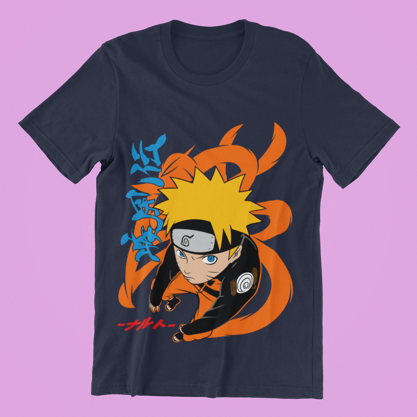 Naruto Action Pose Tee in navy against minimalist surface.