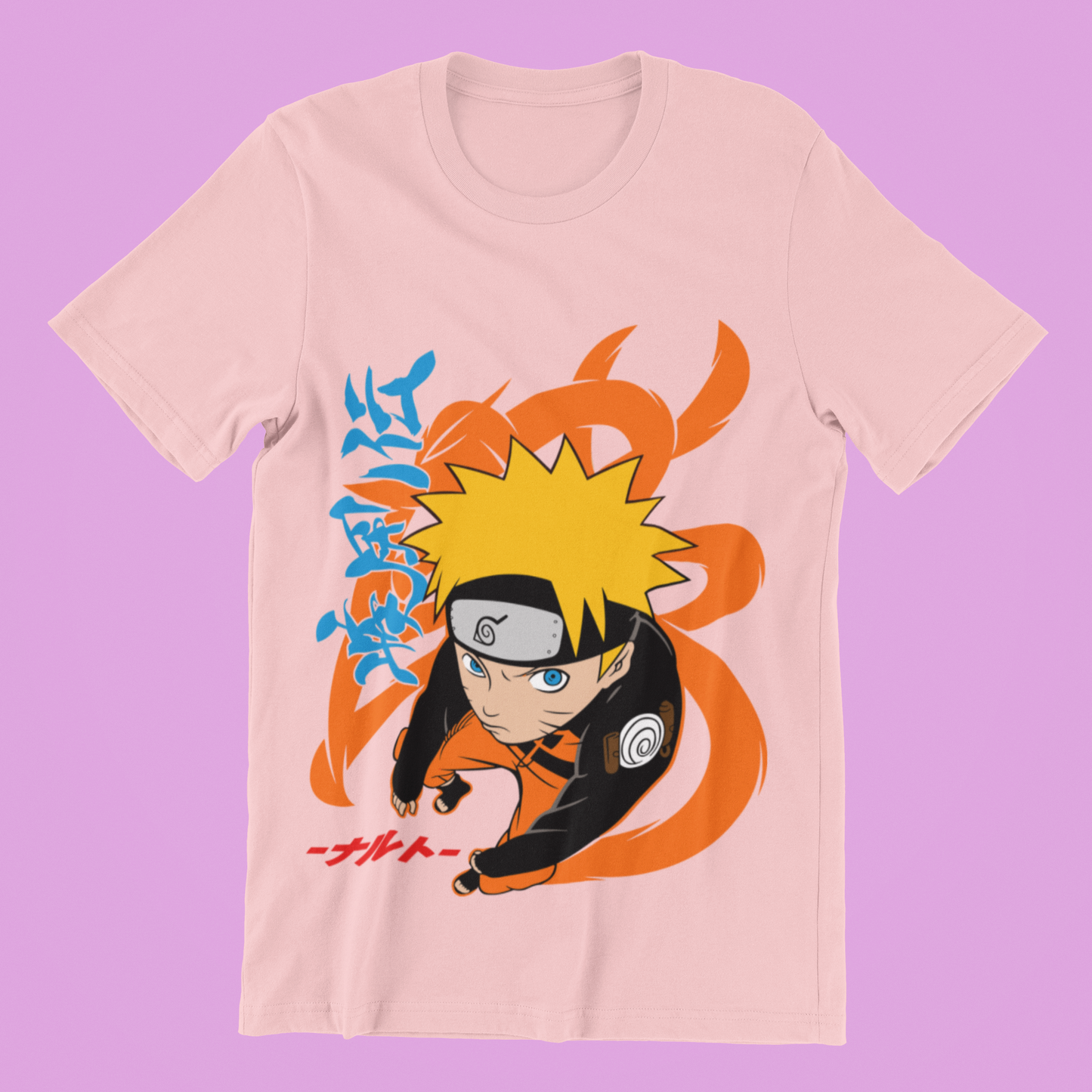 Naruto Action Pose Tee in pink against minimalist surface.