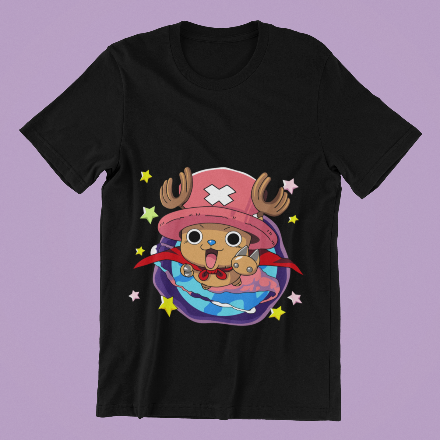 One Piece Chopper Doctor Mascot Tee in black against minimalist surface.