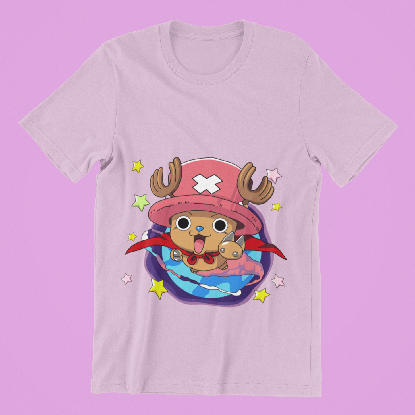 One Piece Chopper Doctor Mascot Tee in lilac against minimalist surface.