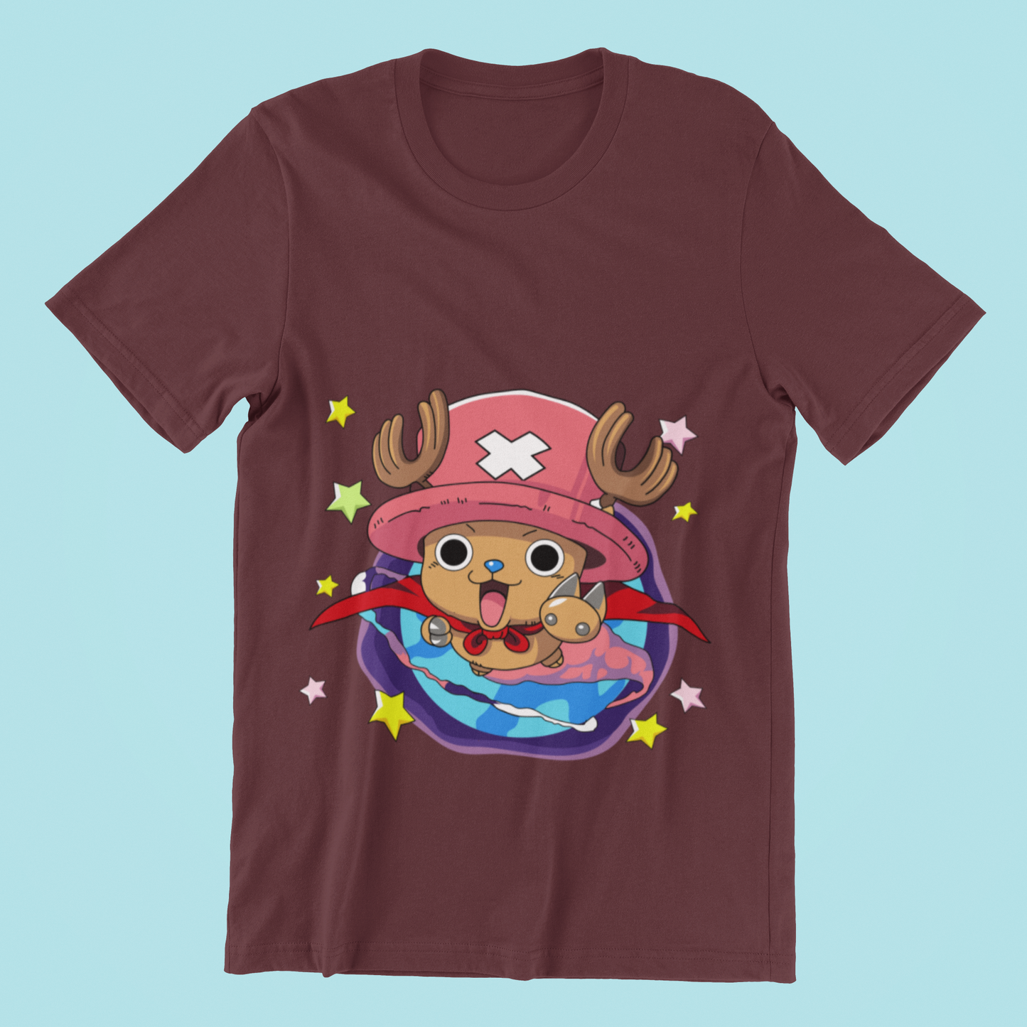 One Piece Chopper Doctor Mascot Tee in maroon against minimalist surface.