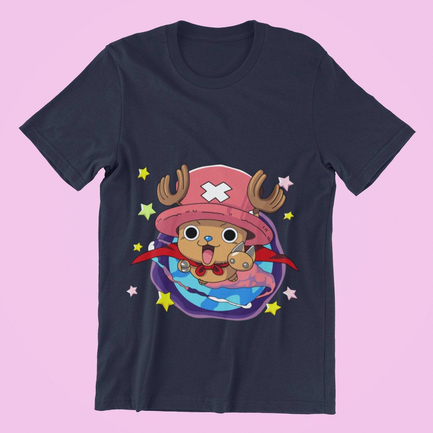 One Piece Chopper Doctor Mascot Tee in navy against minimalist surface.