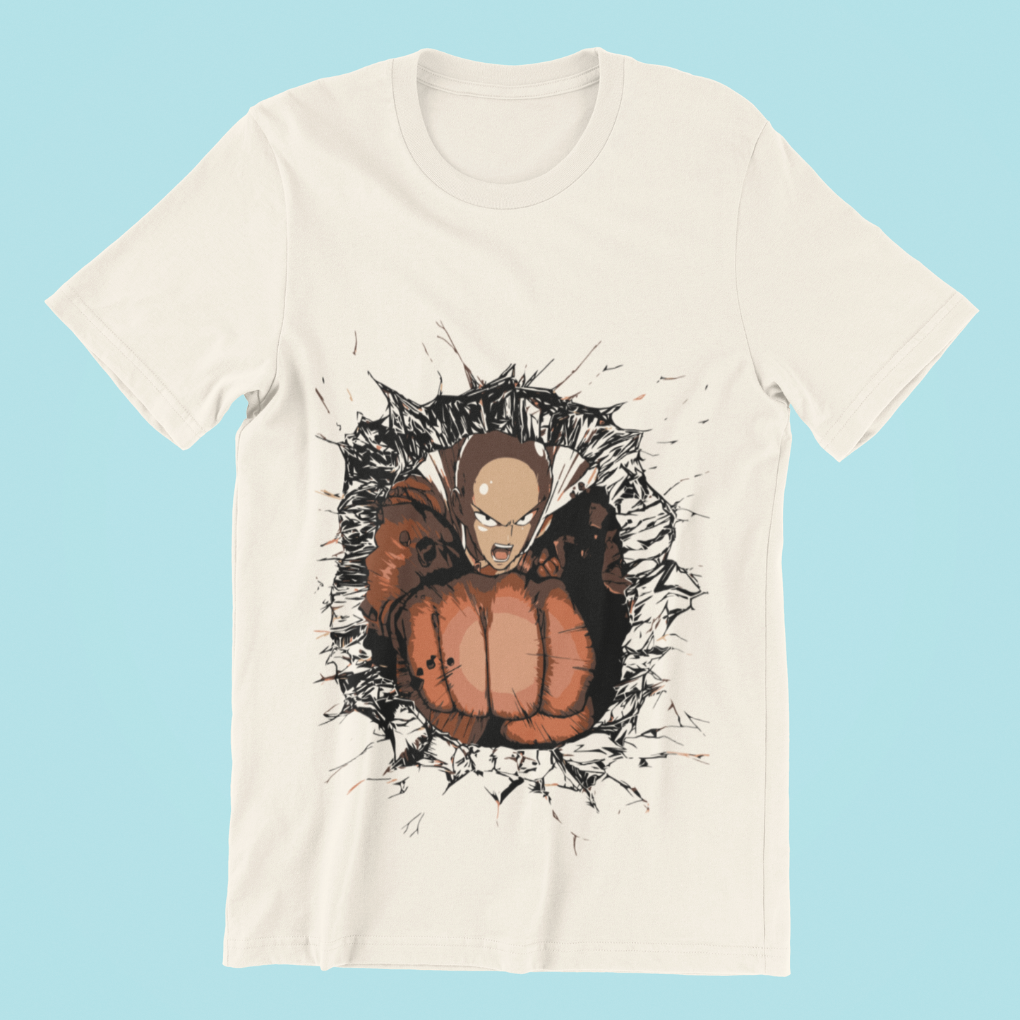 One Punch Man Saitama Punch Tee in natural against minimalist surface.