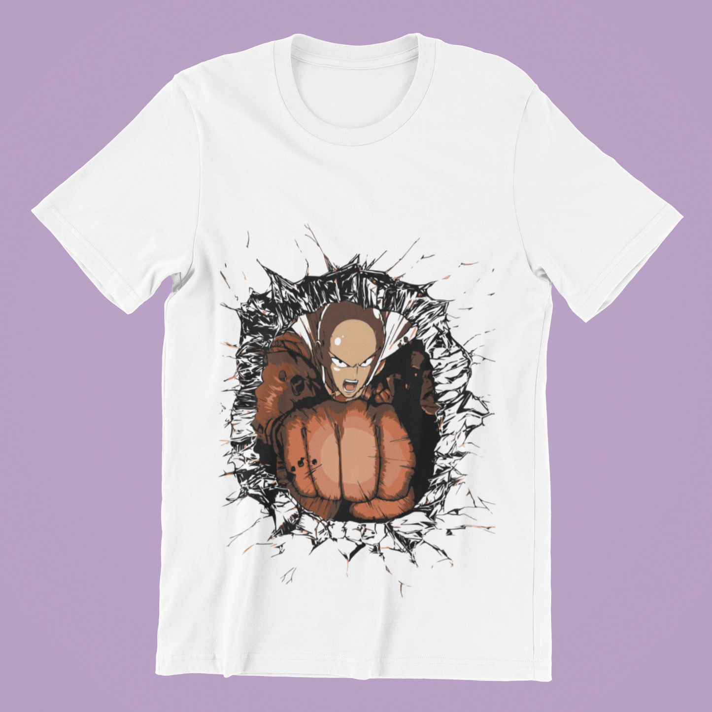One Punch Man Saitama Punch Tee in white against minimalist surface.
