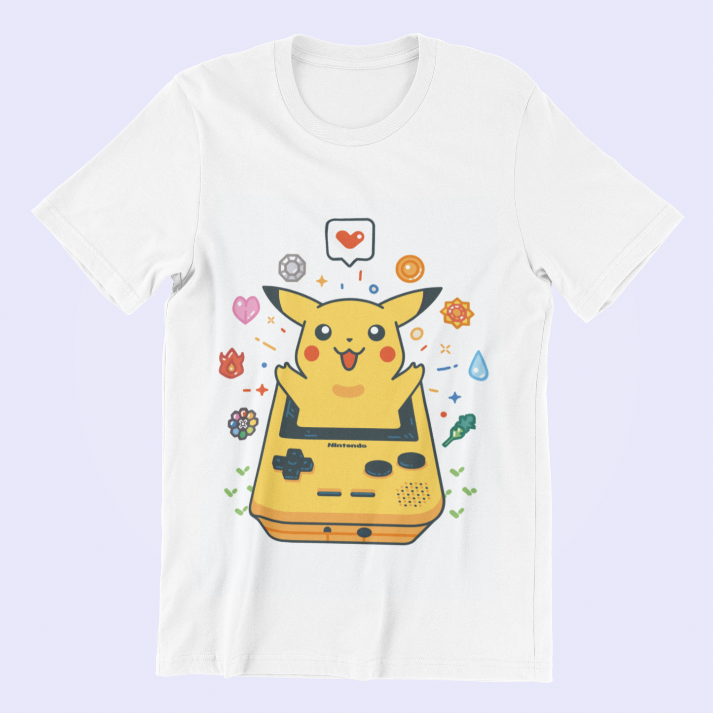 Pikachu Retro Gameboy Tee in white against minimalist surface.