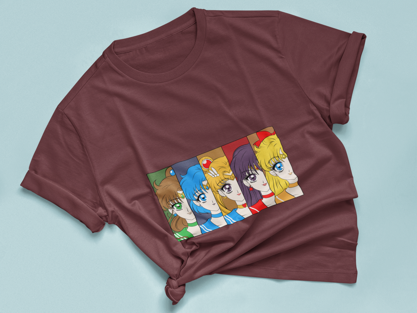 Sailor Scouts Portrait Tee in maroon knotted in cute style.