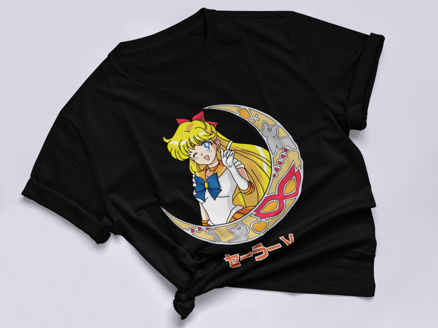 Sailor Venus Crescent Moon Tee in black knotted in cute style.