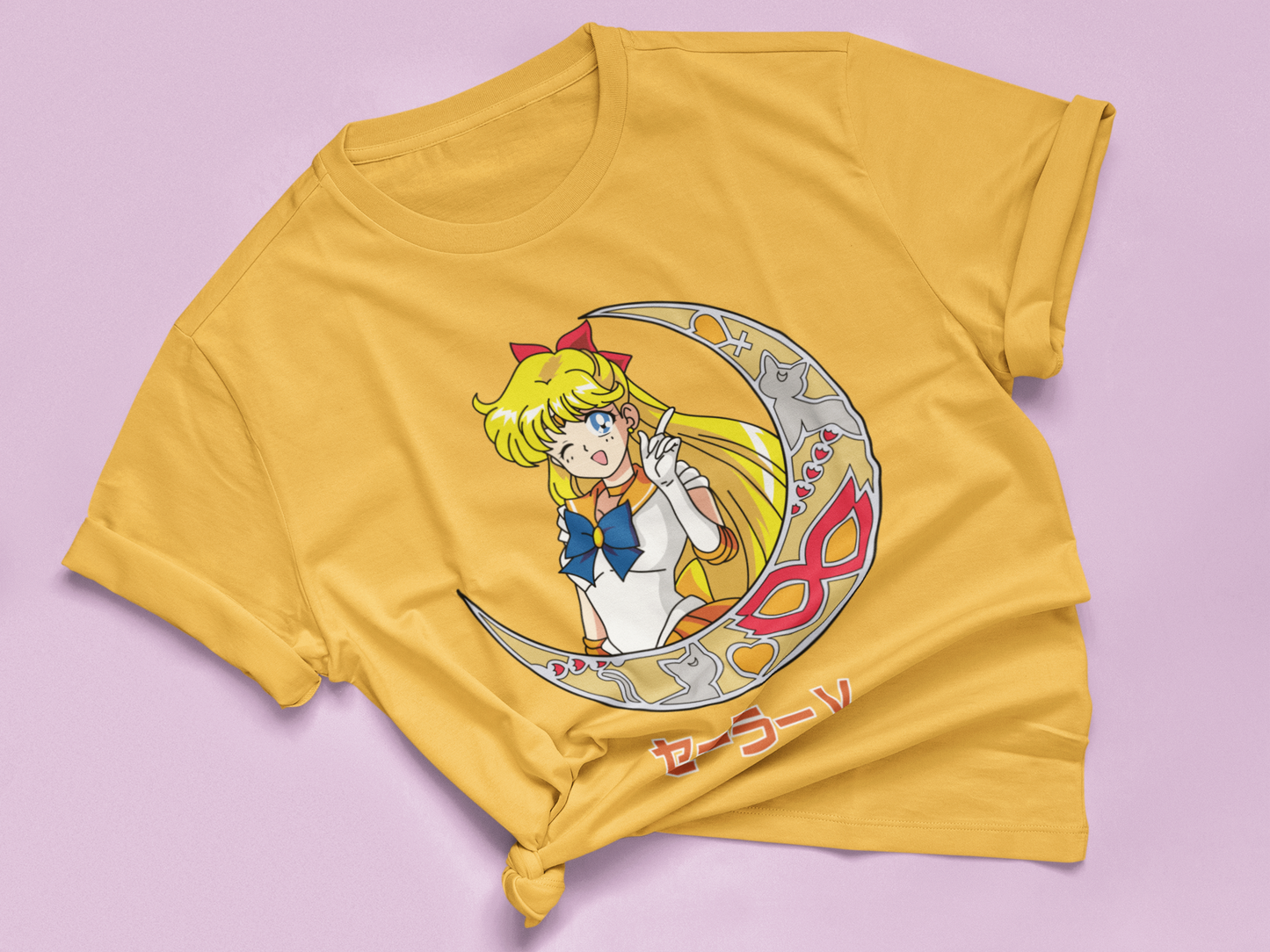 Sailor Venus Crescent Moon Tee in gold knotted in cute style.