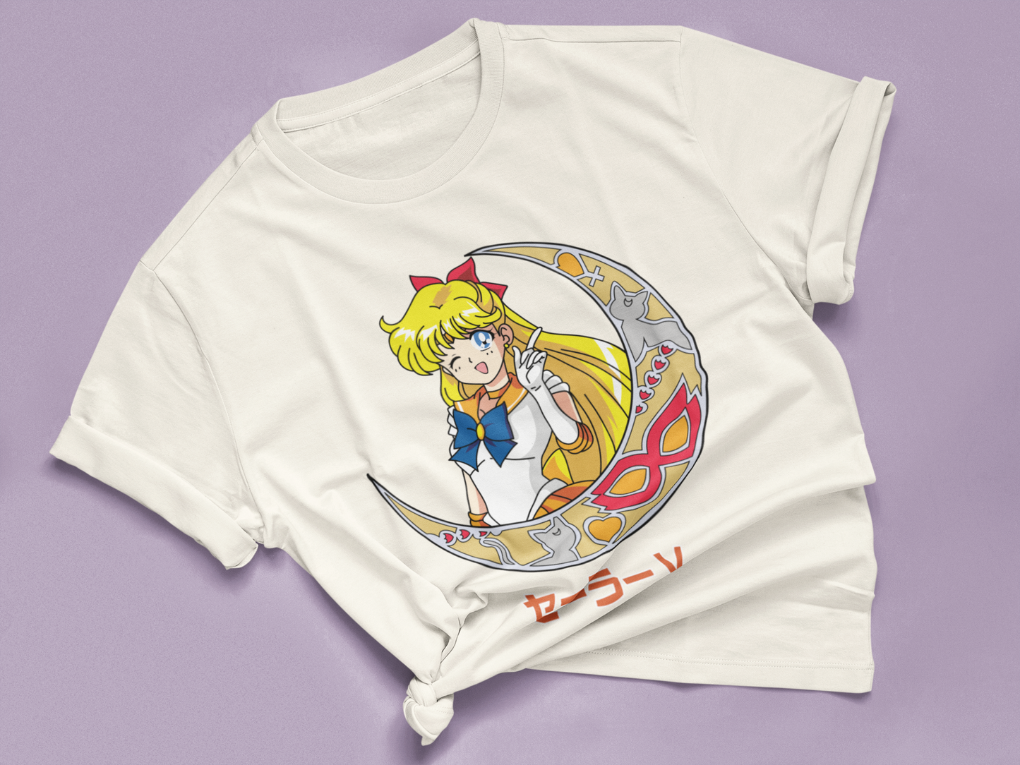 Sailor Venus Crescent Moon Tee in natural knotted in cute style.