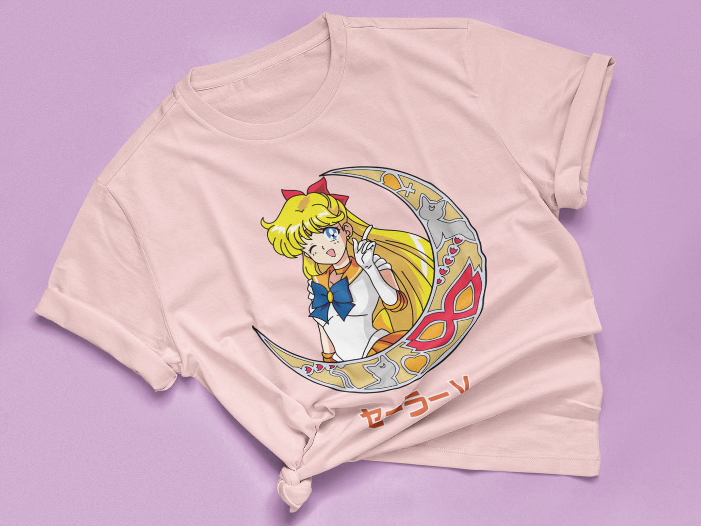Sailor Venus Crescent Moon Tee in pink knotted in cute style.