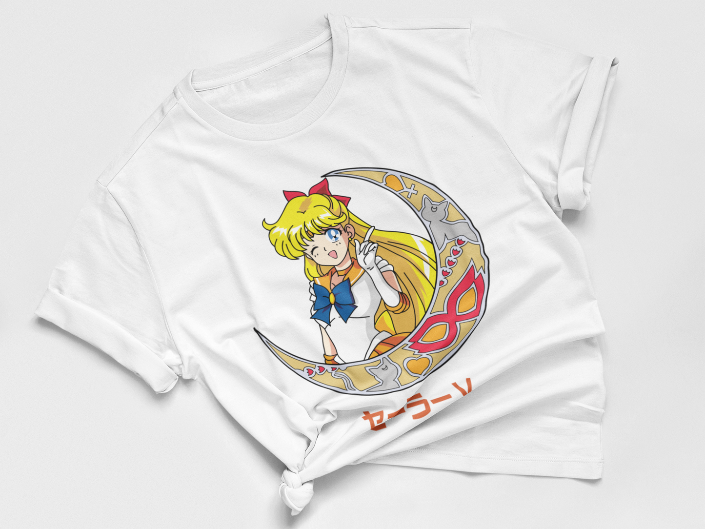 Sailor Venus Crescent Moon Tee in white knotted in cute style.