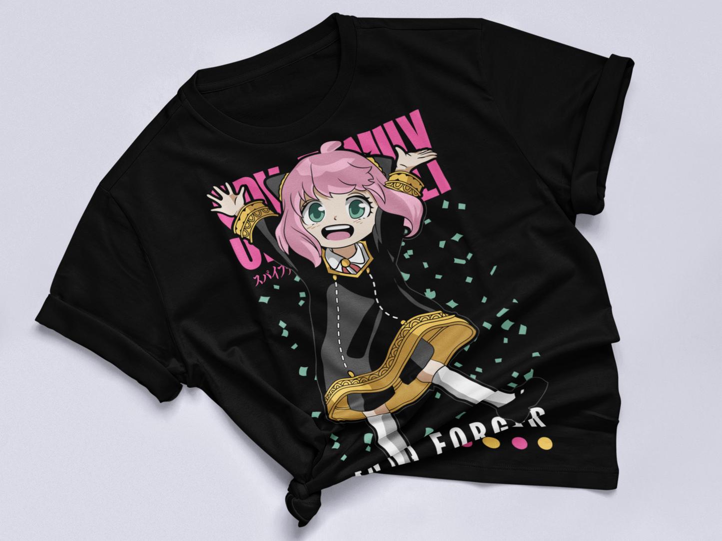 Spy X Family Anya Forger Tee in black knotted in cute style.