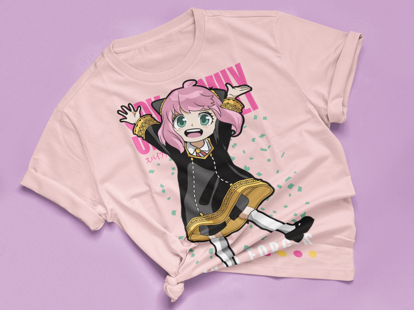 Spy X Family Anya Forger Tee in pink knotted in cute style.