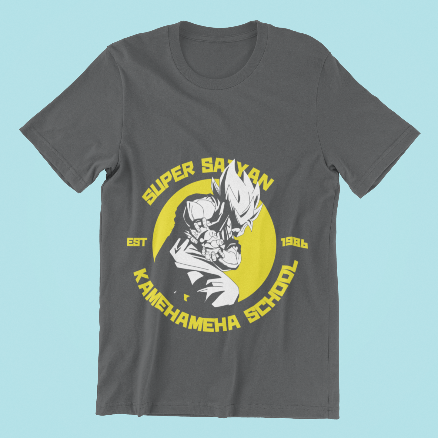 Super Saiyan Kamehameha School Tee in asphalt against minimalist surface.