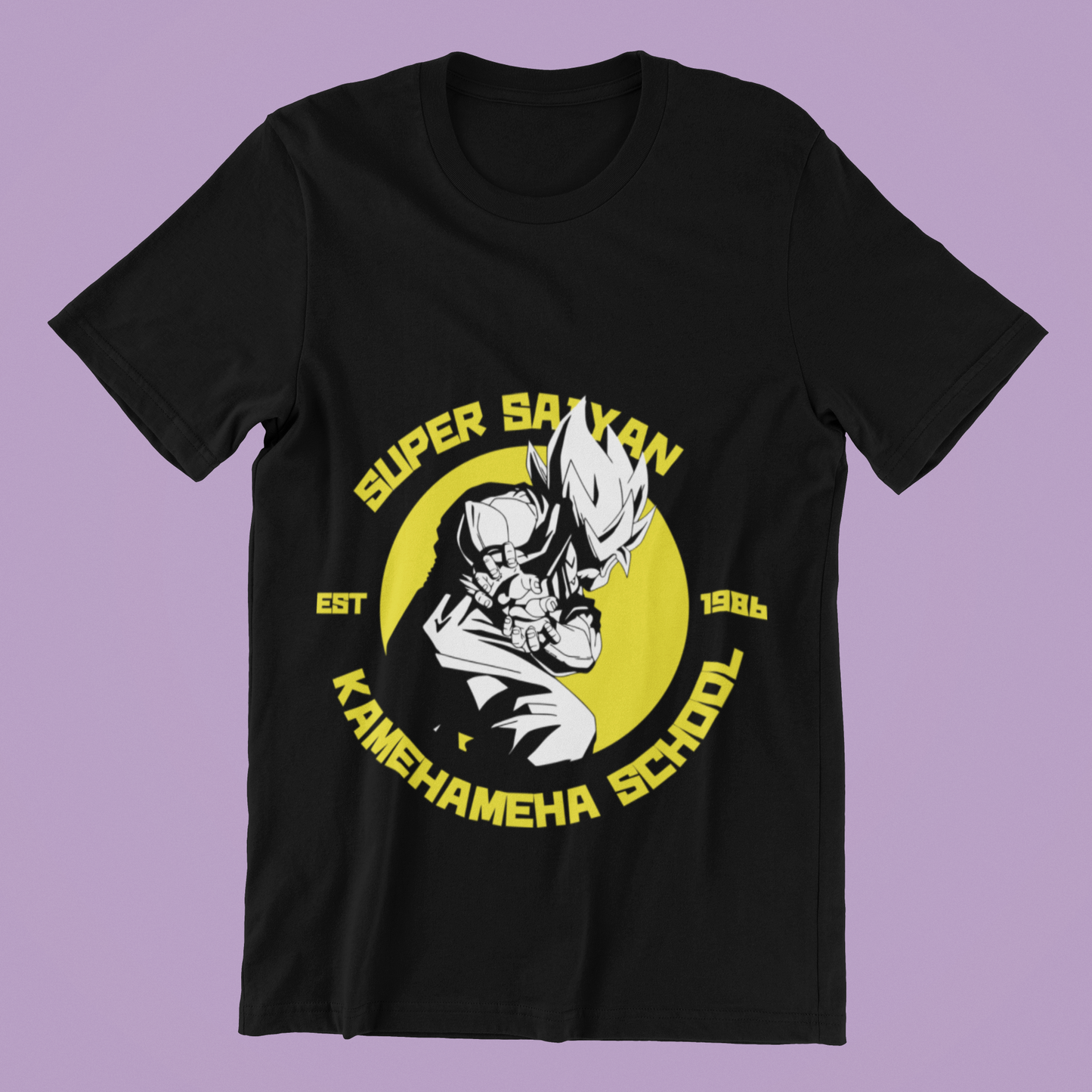 Super Saiyan Kamehameha School Tee in black against minimalist surface.