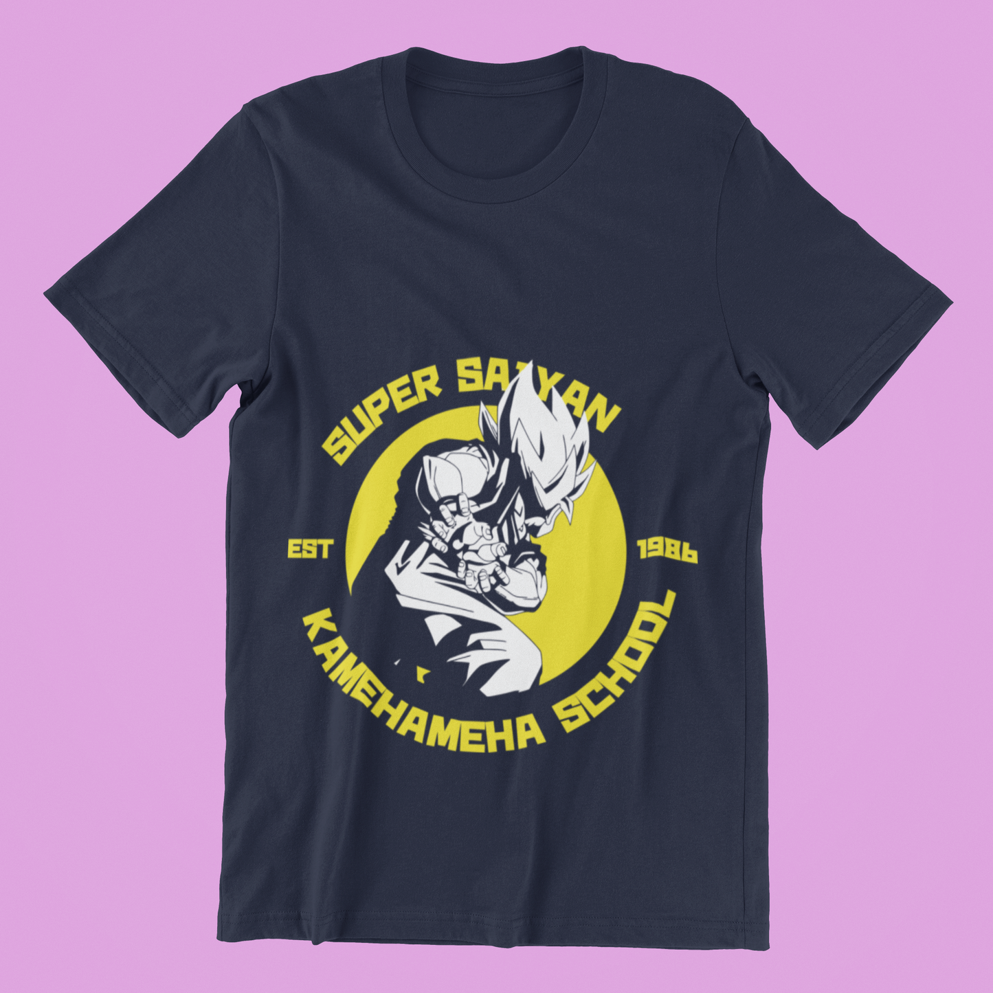 Super Saiyan Kamehameha School Tee in navy against minimalist surface.