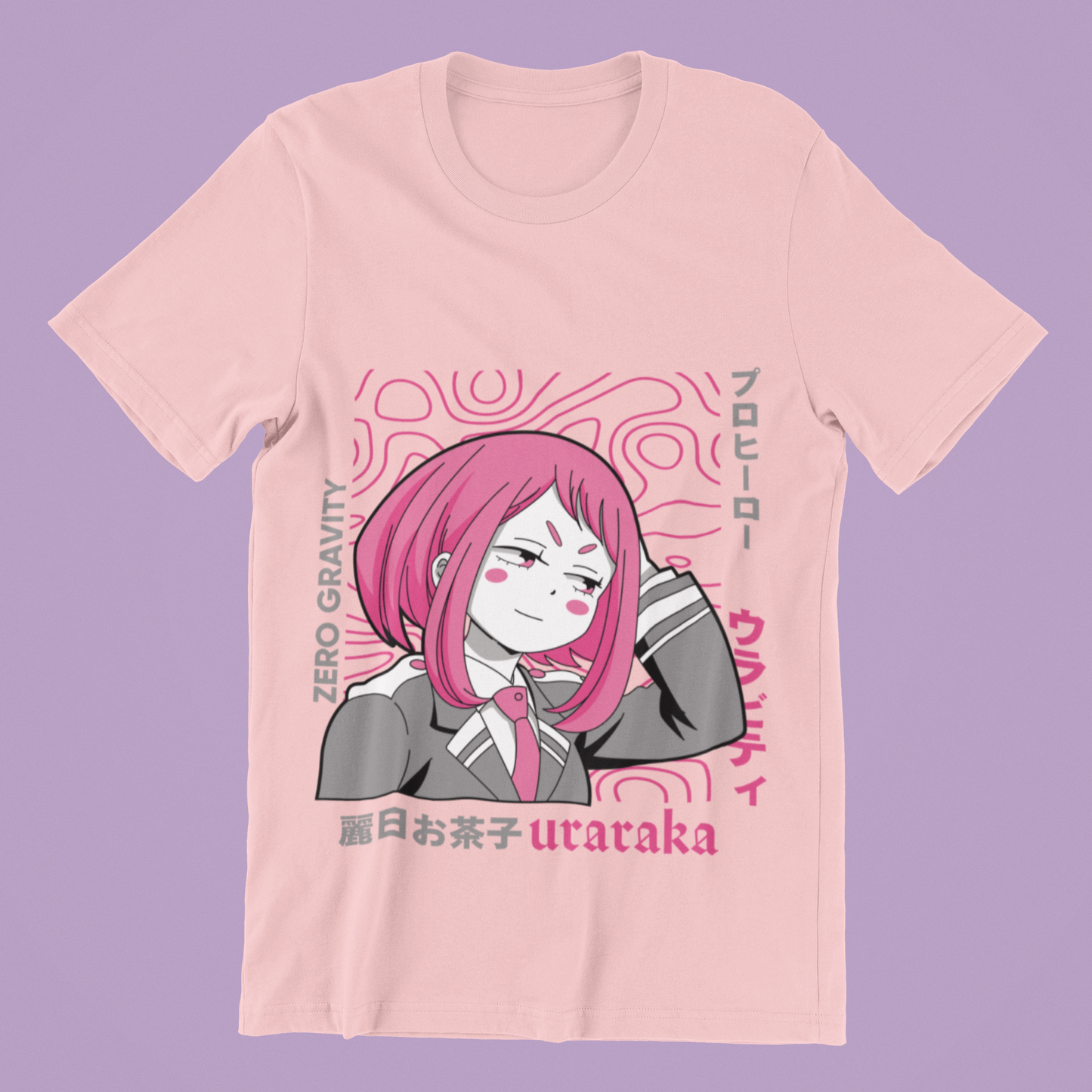 Uraraka Zero Gravity Tee in pink against minimalist surface.