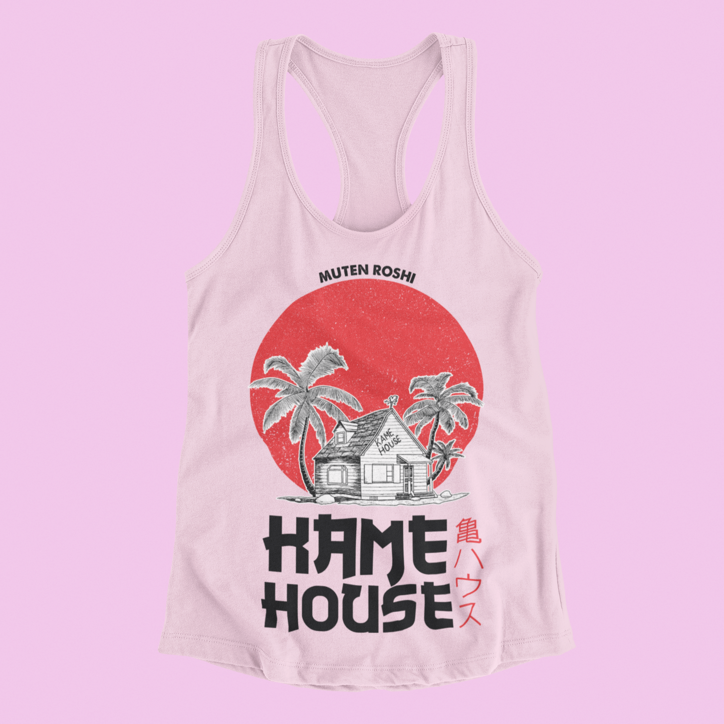 Dragon Ball Kame House Tank Top in blossom against minimalist surface.