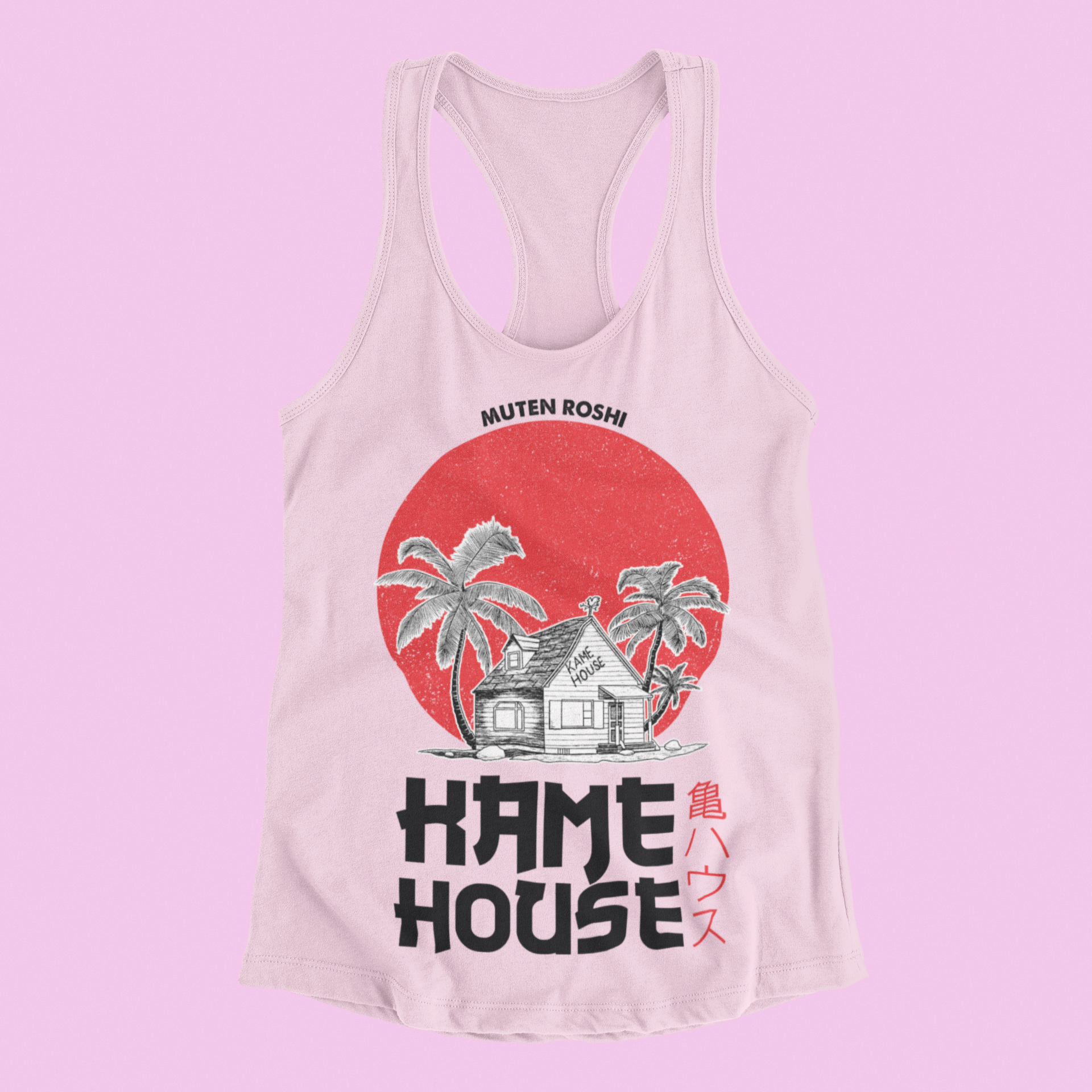 Dragon Ball Kame House Tank Top in blossom against minimalist surface.