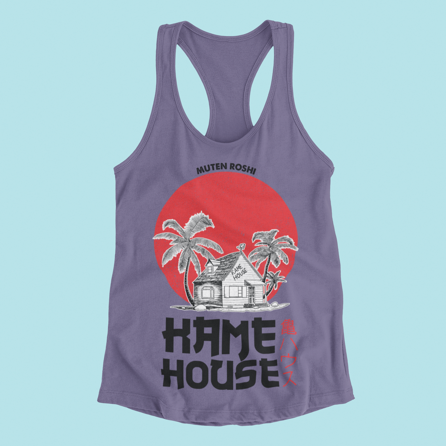 Dragon Ball Kame House Tank Top in grape against minimalist surface.