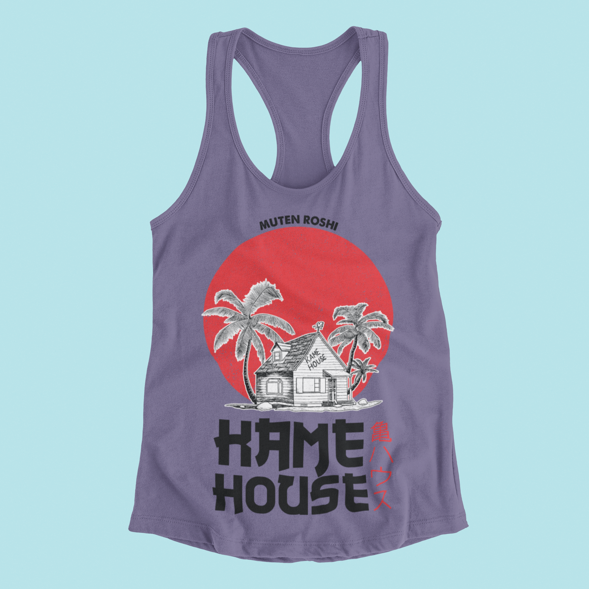 Dragon Ball Kame House Tank Top in grape against minimalist surface.