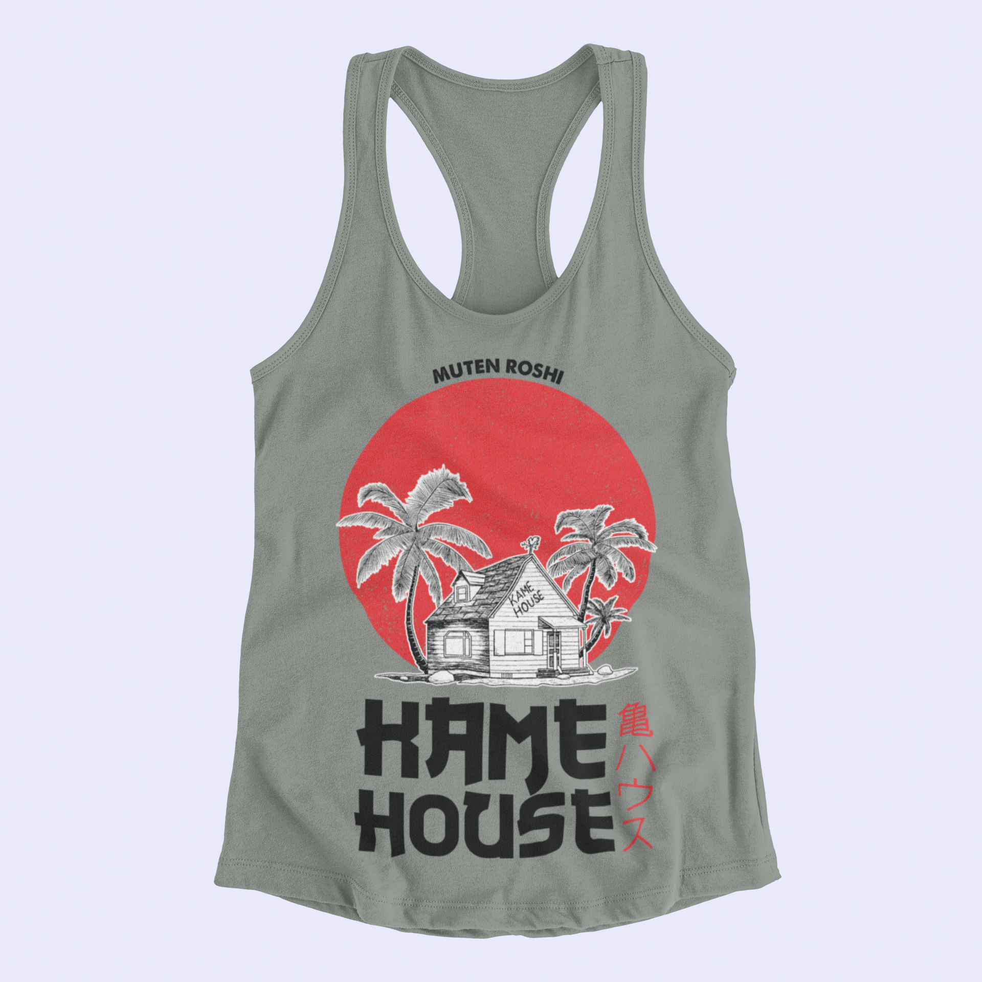 Dragon Ball Kame House Tank Top in grey against minimalist surface.