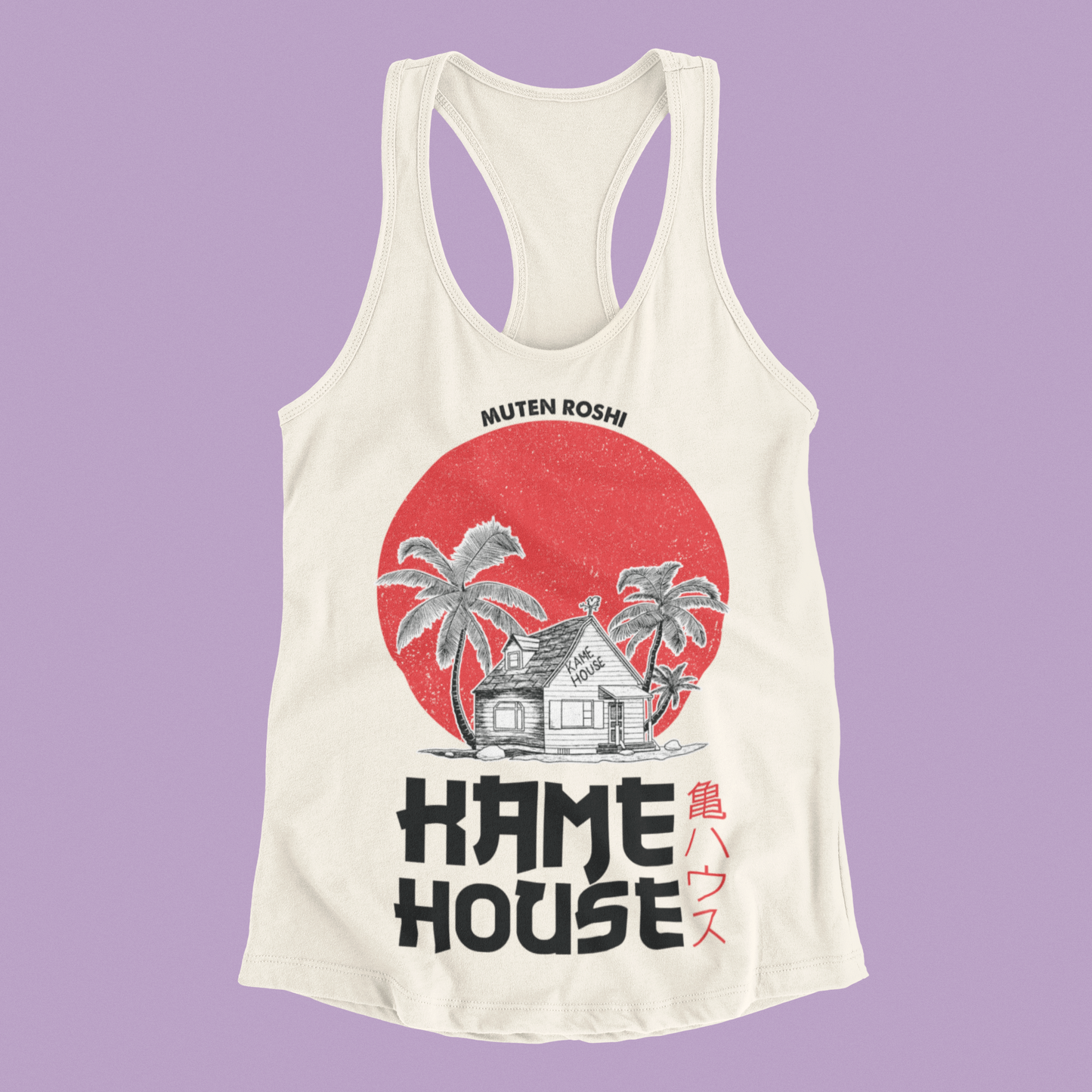 Dragon Ball Kame House Tank Top in ivory against minimalist surface.