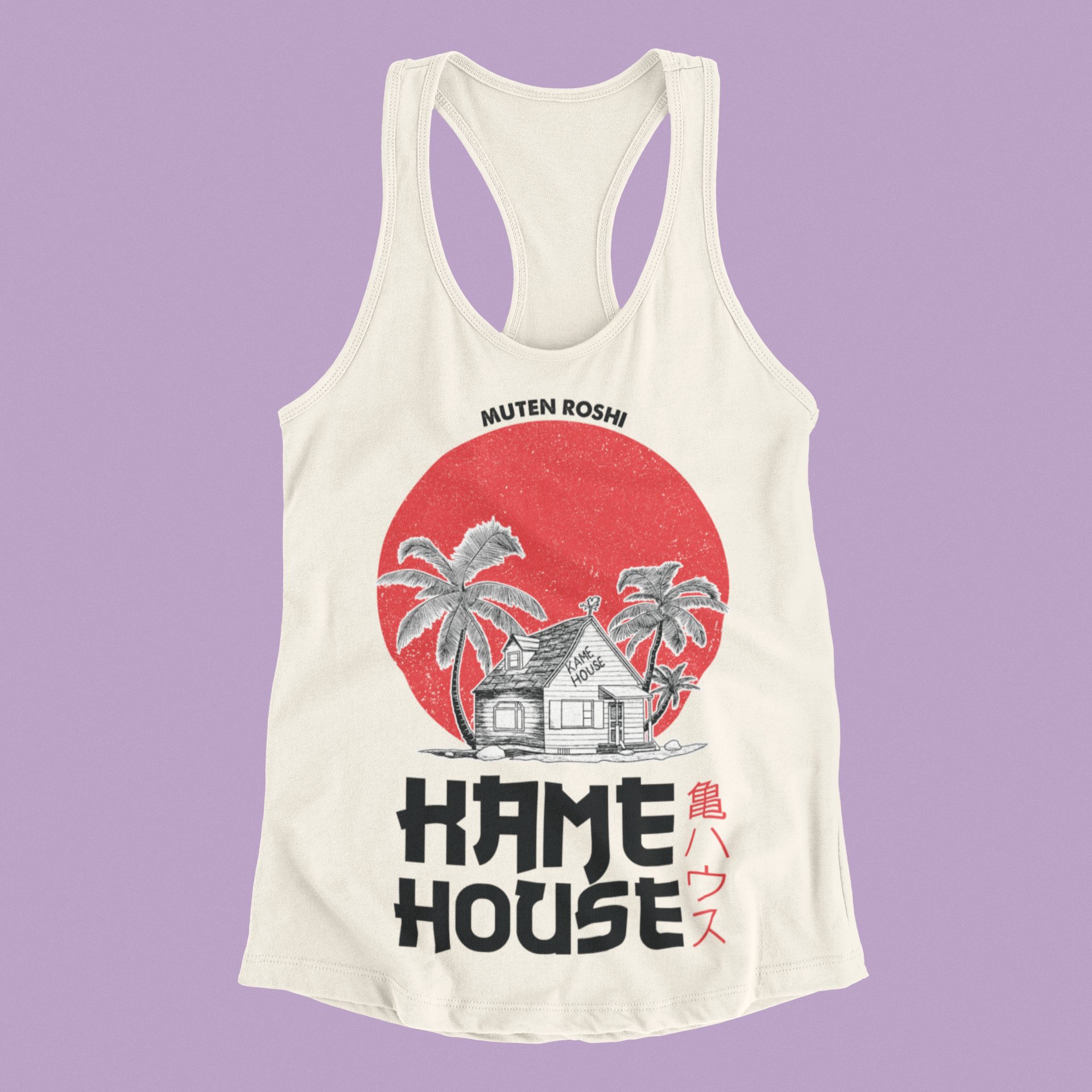 Dragon Ball Kame House Tank Top in ivory against minimalist surface.