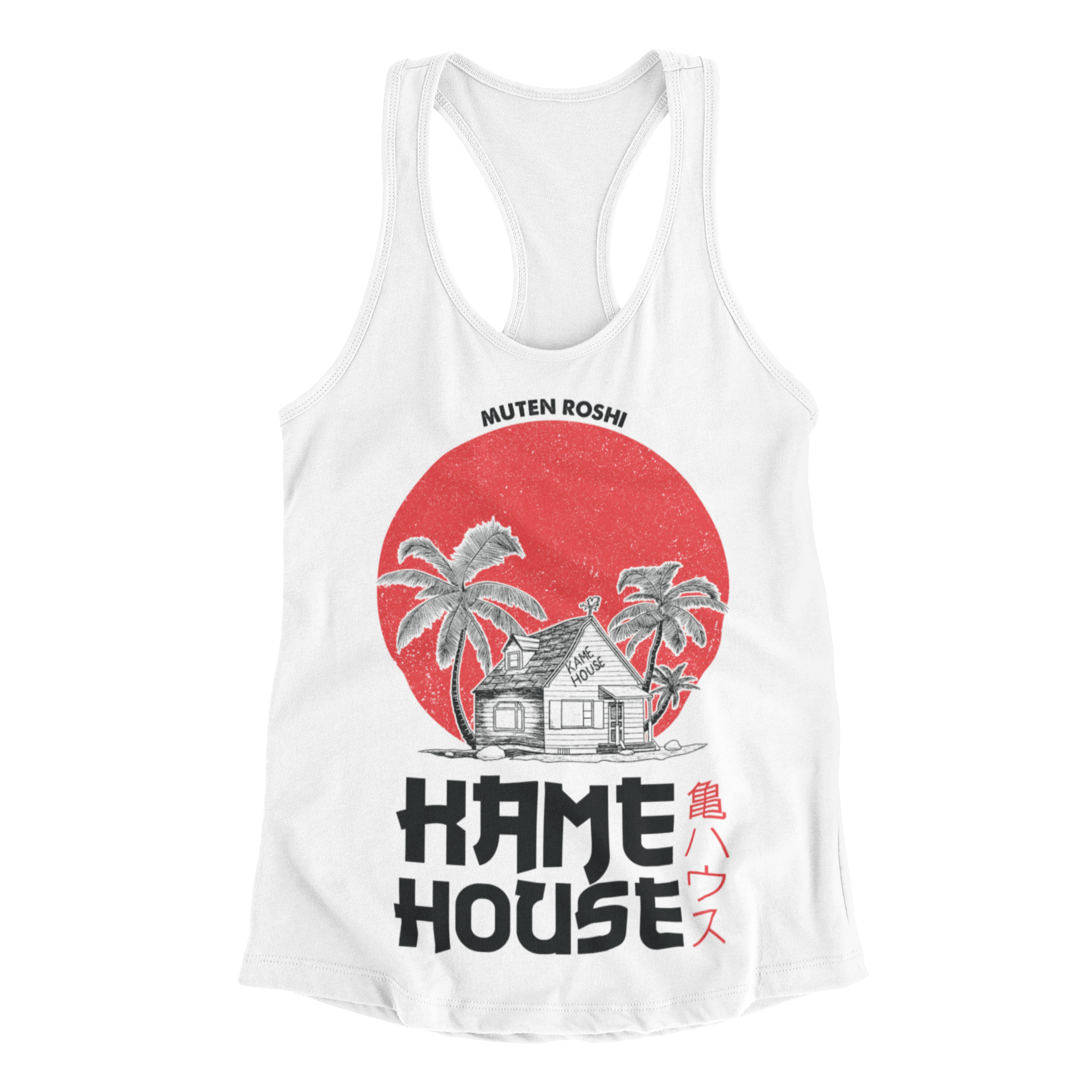 Dragon Ball Kame House Tank Top in white against minimalist surface.