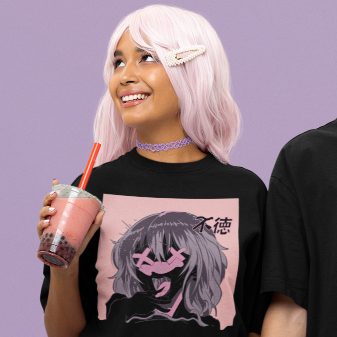 Woman wearing a Hentai Girl Ecchi Tee in black winking at the camera.