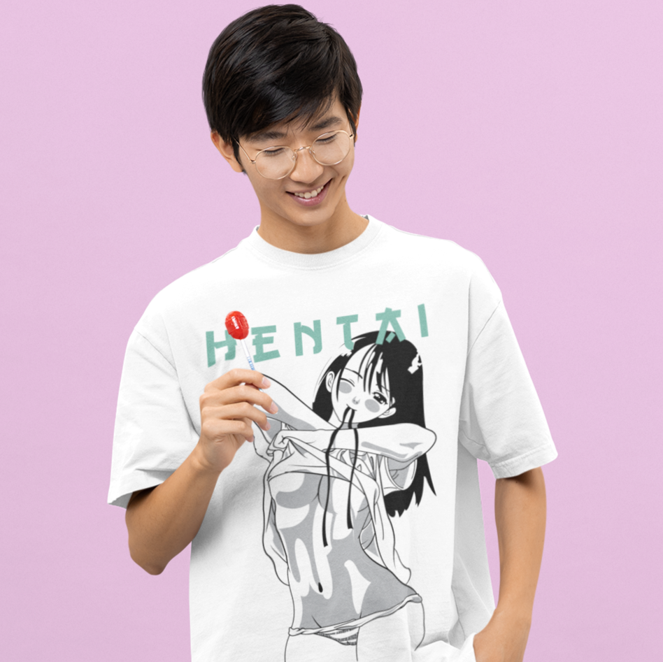 Happy man wearing a Hentai Style Abstract Art Tee in white with a lollipop in a kawaii style.