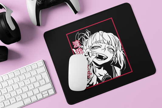 Closeup of Himiko Toga Expression Mouse Pad on gamer's desk surrounded by accessories