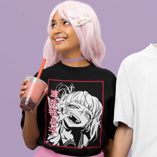 Woman wearing Himiko Toga Expression Tee in black drinking boba tea.