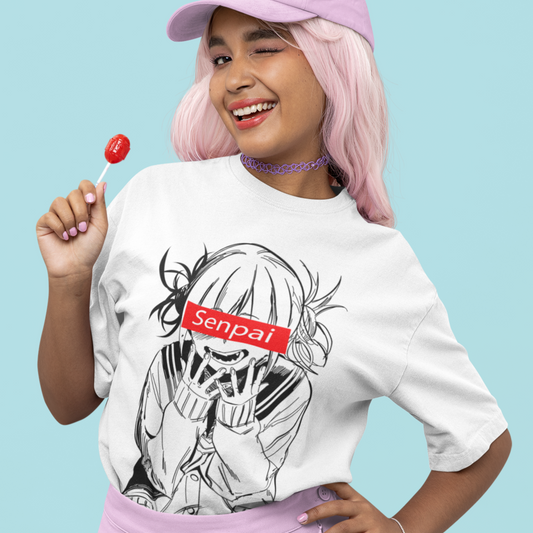 Woman wearing a Himiko Toga Senpai Tee in white winking at the camera.