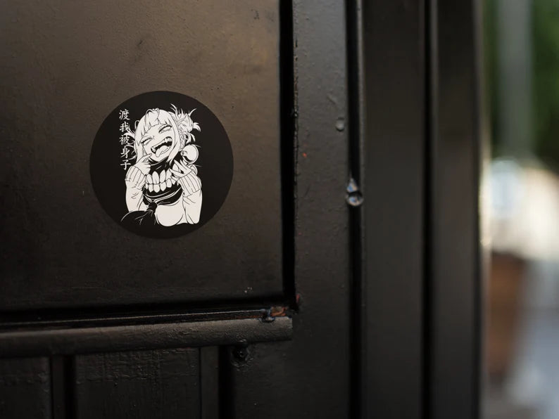 Himiko Toga Villain Round Sticker in black on closed door