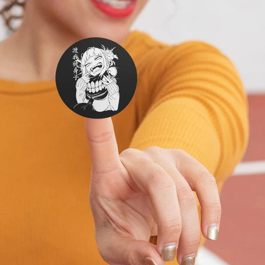 Himiko Toga Villain Round Sticker in black on finger