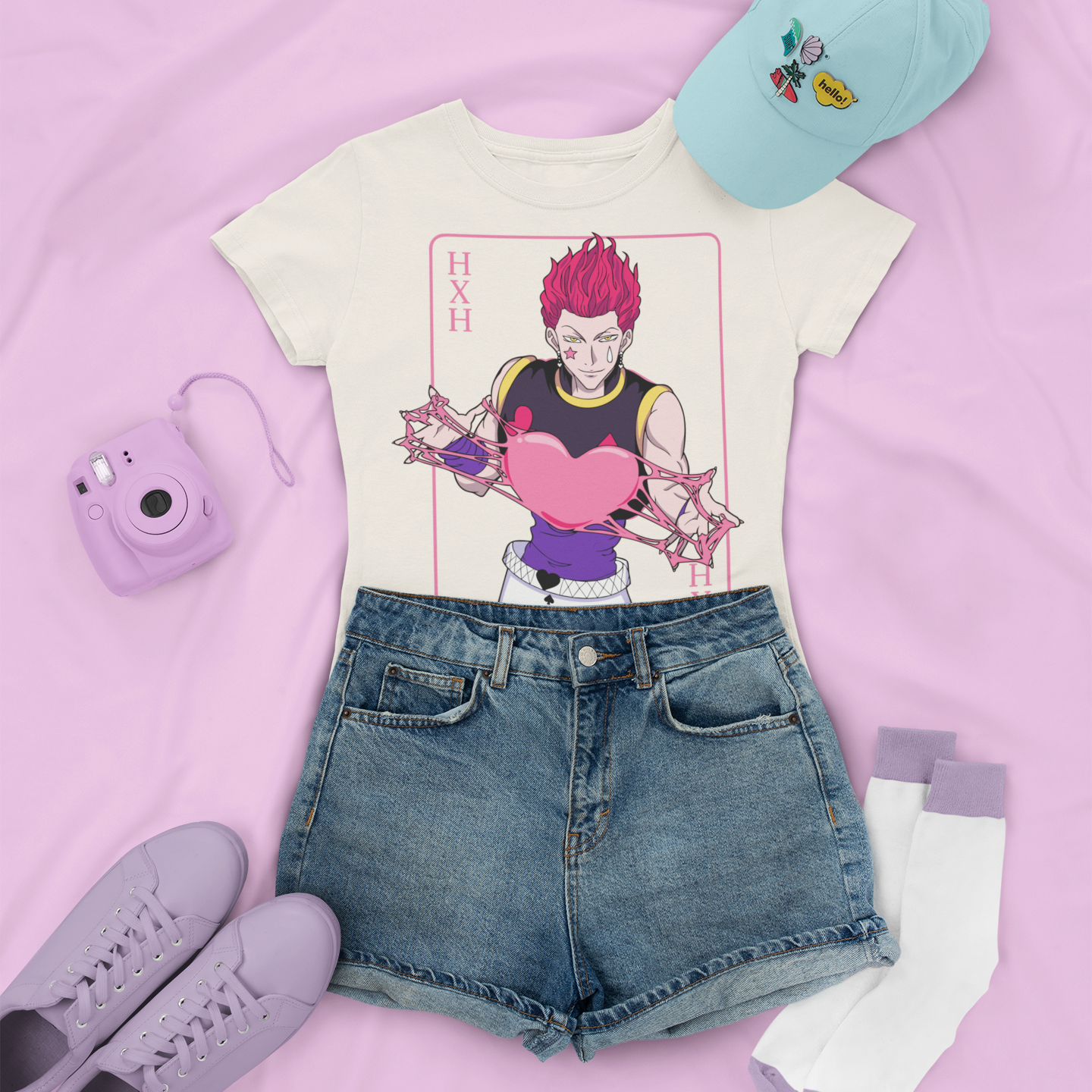 Hisoka Hxh Anime Tee in natural with denim shorts, and low sneakers