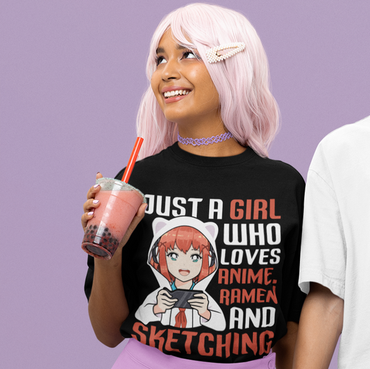 Woman wearing Just A Girl Who Loves Anime, Ramen & Sketching Tee in black drinking boba tea.