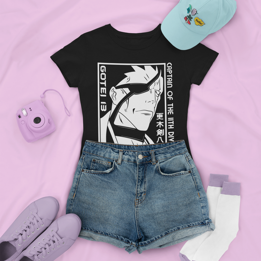 Kenpachi Zaraki Captain Tee in black with denim shorts, and low sneakers