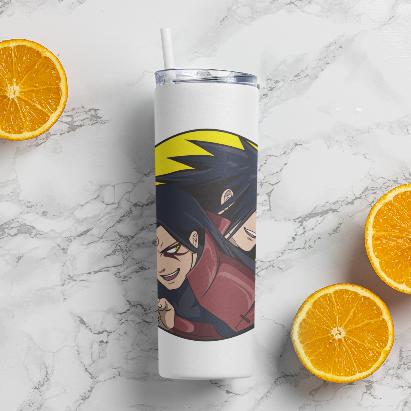 Madara Uchiha & Hashirama Senju Design Skinny Tumbler featuring some oranges 